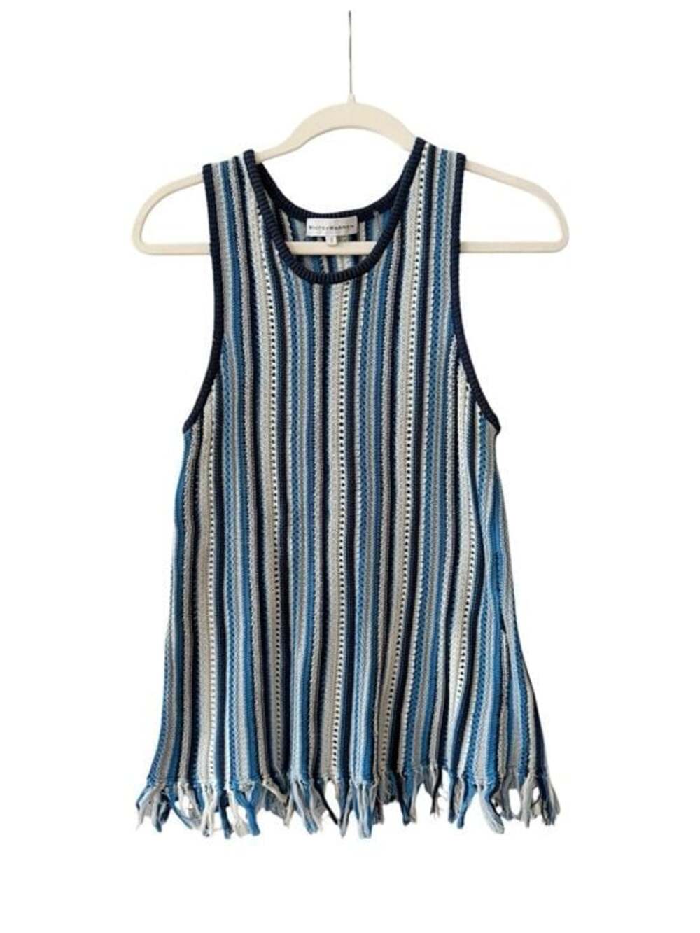 White + Warren Striped Blue Crochet Fringe Tank Top Size S